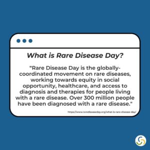A blue background shows a white text box. Black text reads "What is Rare Disease Day? Rare Disease Day is the globally-coordinated movement on rare diseases, working towards equity in social opportunity, healthcare, and access to diagnosis and therapies for people living with a rare disease. Over 300 million people have been diagnosed with a rare disease." The Thompson Foundation arc emblem is in the lower right corner.