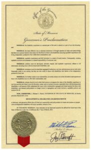 A sheet pf parchment paper shows the Missouri Governor's seal and proclams that March 2023 is Developmental Disabilities Awareness Month in Missouri
