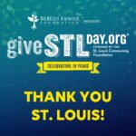 A blue backgound shows white logos of the Berges Family Foundation and Give STL Day. A yellow banner reads celebrating 10 years. Yellow text reads thank you St. Louis!