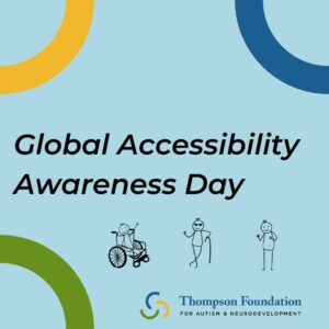 A light blue background shows black text that reads Global Accessibility Awareness Day. Three cartoon figures are shown. One uses a wheelchair, one is blind and is wearing dark glasses and holding a cane, and one is standing and waving. The Thompson Foundation logo is shown in the lower right.