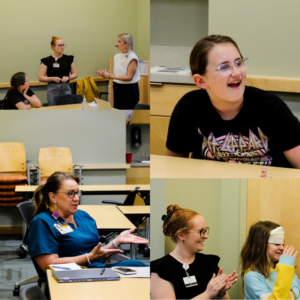 A collage of photos showing pictures from the girls social language group is show. Instructors are standing in the front of the room, a speech language pathologist talks to the group, and girls are clapping and smiling.